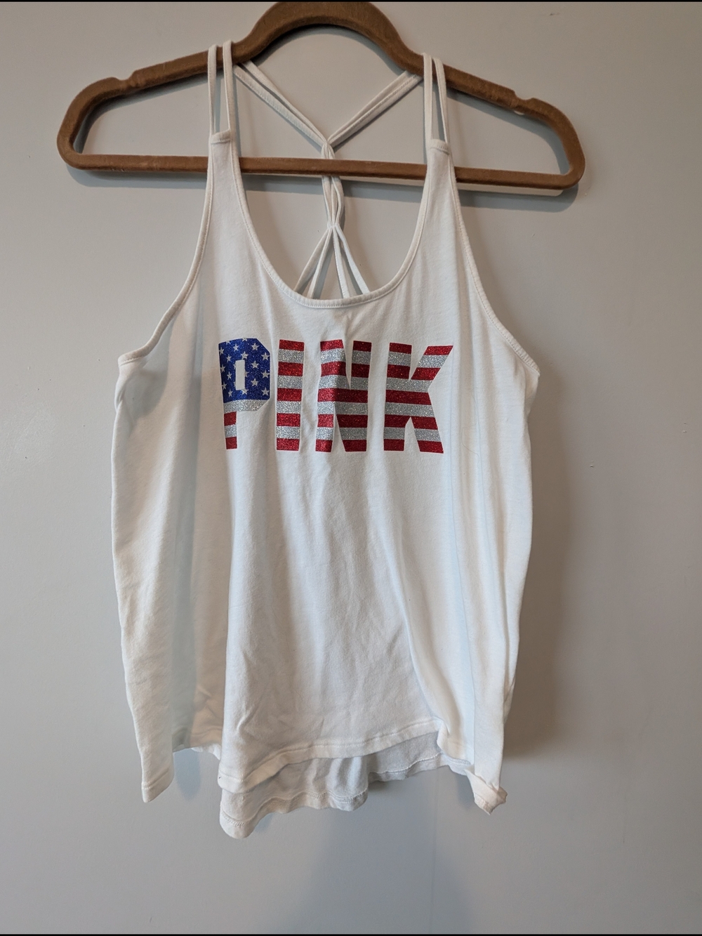 PINK Victoria's Secret White Strappy Tank Top with American Flag Logo